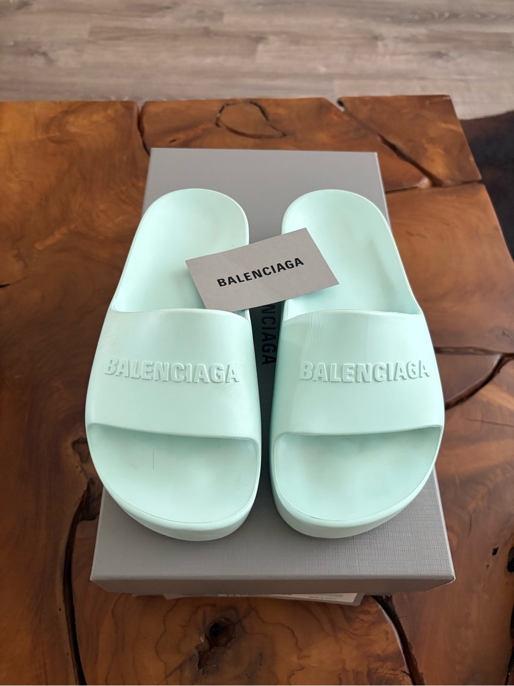 Balenciaga Mint Green Logo Slide Sandals
